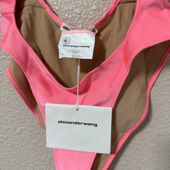 NWT Alexander Wang Rhinestone Logo Cutout Swimsuit Neon Pink One Piece Size S - Picture 6 of 10